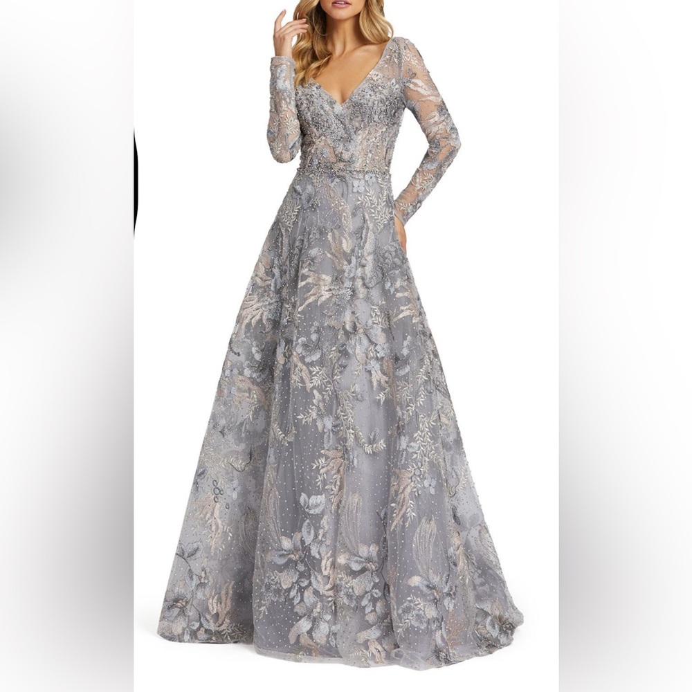 Mac Duggal Gray Long Sleeve Beaded Wedding Guest Maxi Gown US 8